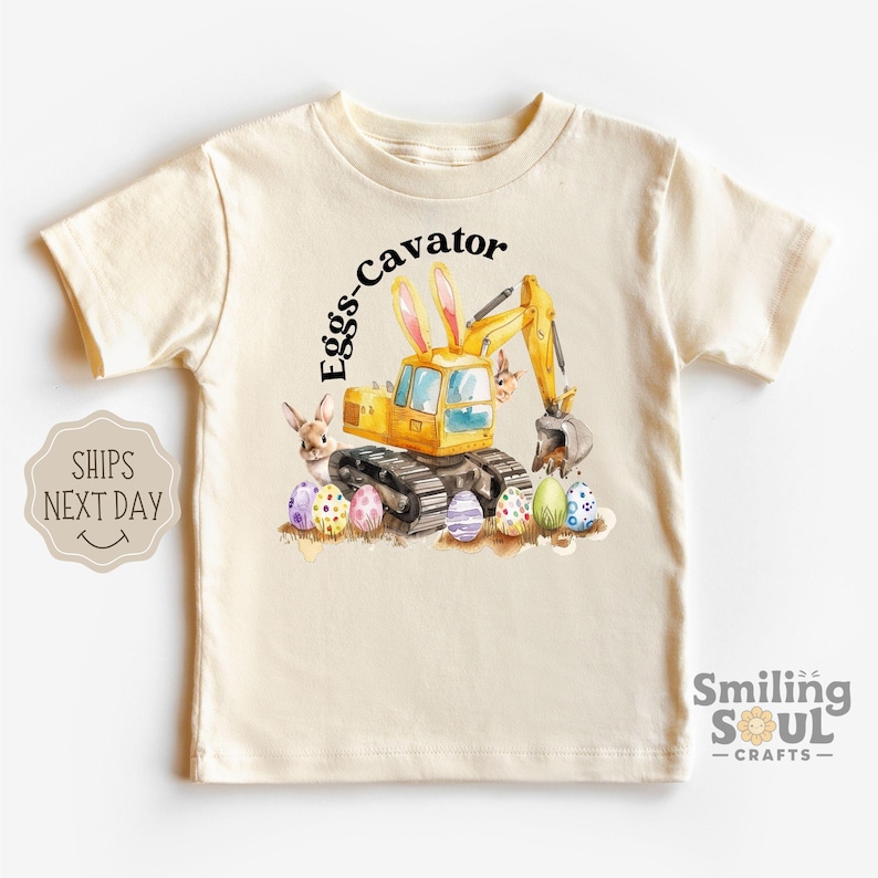 Funny Eggs-Cavator Toddler T-Shirt, Boys Easter Shirt, Kids Easter Tee, Retro Tractor Shirt, Natural Crewneck, Easter Day Shirt Gift