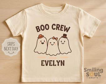 Personalized Boo Crew Halloween Toddler Shirt with Custom Name, Cute Ghost Fall T-Shirt for Kids, Retro Halloween Tee for Boys Girls