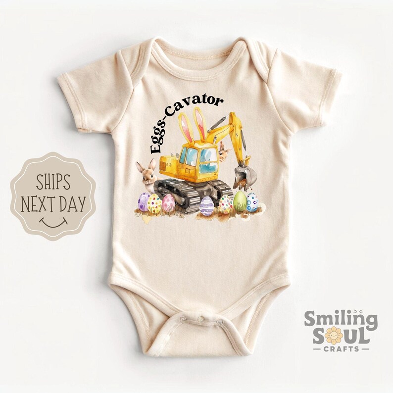 Funny Eggs-Cavator Toddler T-Shirt, Boys Easter Shirt, Kids Easter Tee, Retro Tractor Shirt, Natural Crewneck, Easter Day Shirt Gift