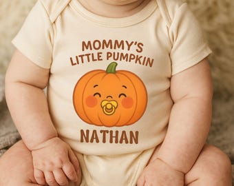 Personalized Mommy's Little Pumpkin Baby Bodysuit, Custom Name Fall Outfit, Cute Retro Pumpkin Newborn Baby Shower Gift, Halloween Baby Gift