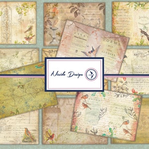 Può includere: Un set di 10 sfondi di carta digitale con design in stile vintage con uccelli, fiori e testo. Le carte sono in tonalità di marrone, verde e crema.