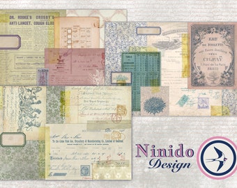 Puede incluir: Un collage de efímeras vintage, que incluye un recorte de periódico, una tabla de números, un recibo y una botella de perfume. El collage está sobre un fondo gris claro con el texto "Ninido Design" y un logotipo de pájaro estilizado.