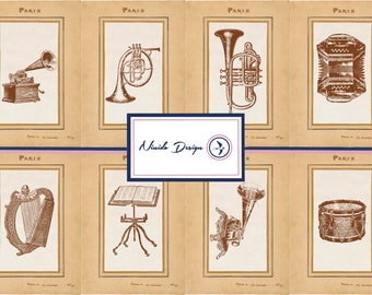 Può includere: Una collezione di otto illustrazioni vintage di strumenti musicali, tra cui un grammofono, un corno francese, una tromba, una fisarmonica, un'arpa, un leggio, un fonografo e un tamburo. Le illustrazioni sono in inchiostro marrone su uno sfondo beige.