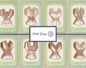 Postales vintage de corsés - Juego de 8, Materiales para diarios de recortes (Kit digital)