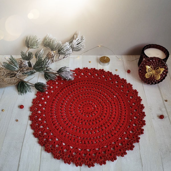 Red crochet tablemat, Christmas round placemat