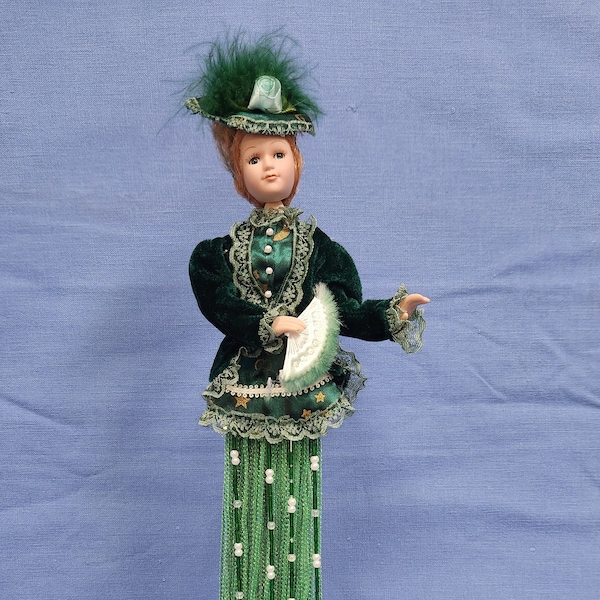 15" Porcelain Victorian Doll with Tassel Skirt on Pedestal Stand - Choose from 6 Colors