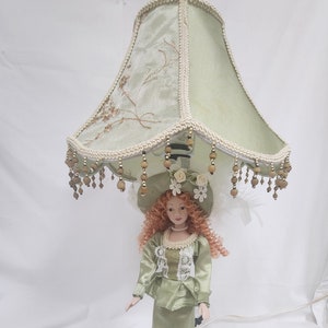 Parlor Lamp with Hand Beaded Shade and Porcelain Doll