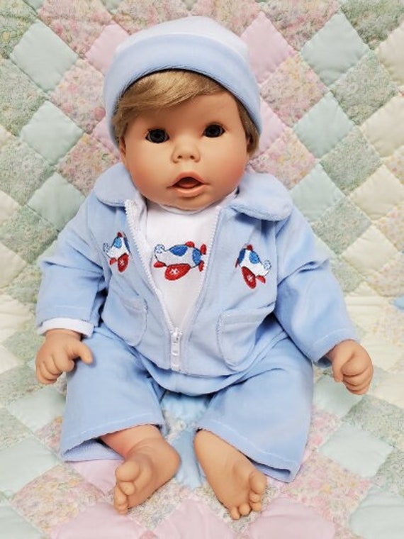 Clothing Set for 19-20" Baby Dolls | Blue Velour with Airplanes