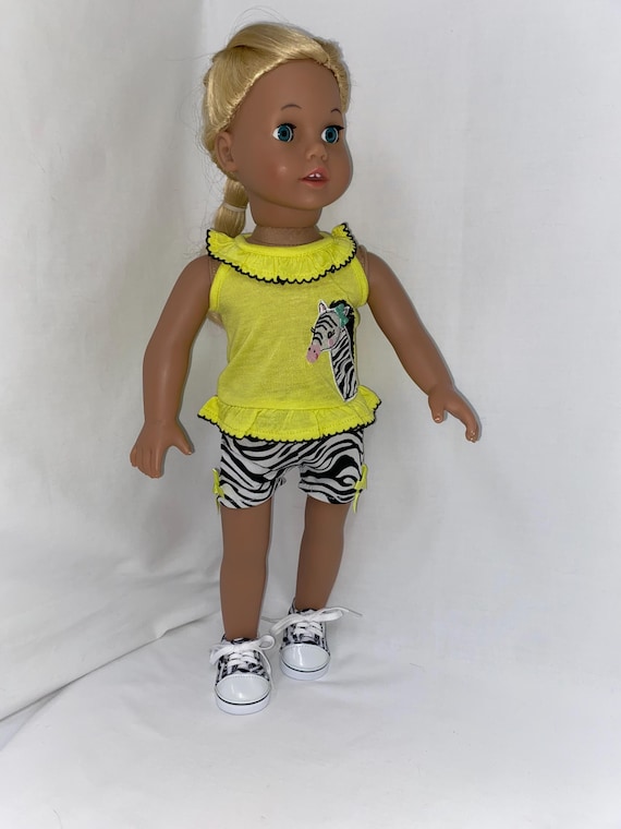 Yellow Zebra Shorts Set with Zebra Shoes | Fits Most 18" Girl Dolls | 18 Inch Doll Clothes