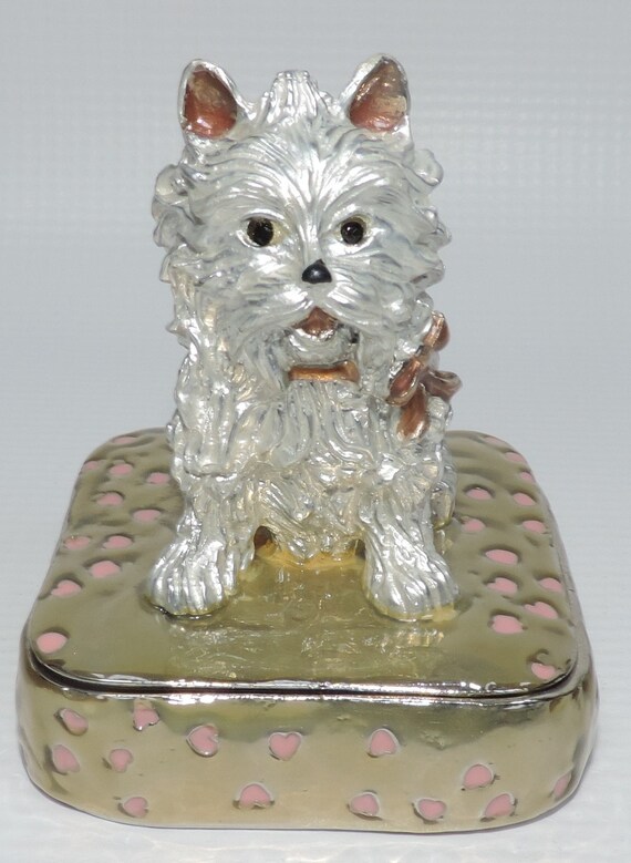 White Fluffy Puppy Trinket Box with Pink Enamel Accents