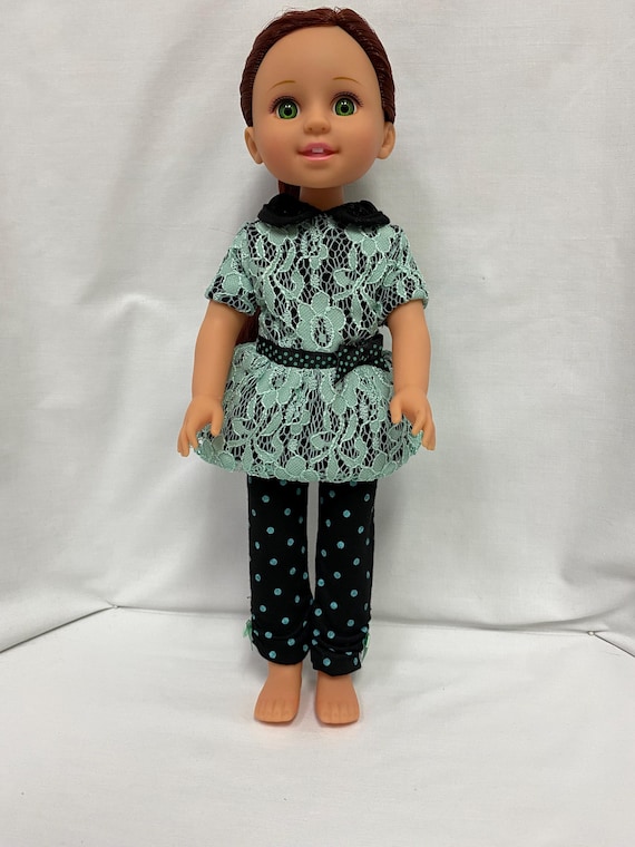 14.5" Aqua Lace Top with Polka Dot Pants | 14.5" Doll Clothes | Fits 14.5 in Slim Body Dolls