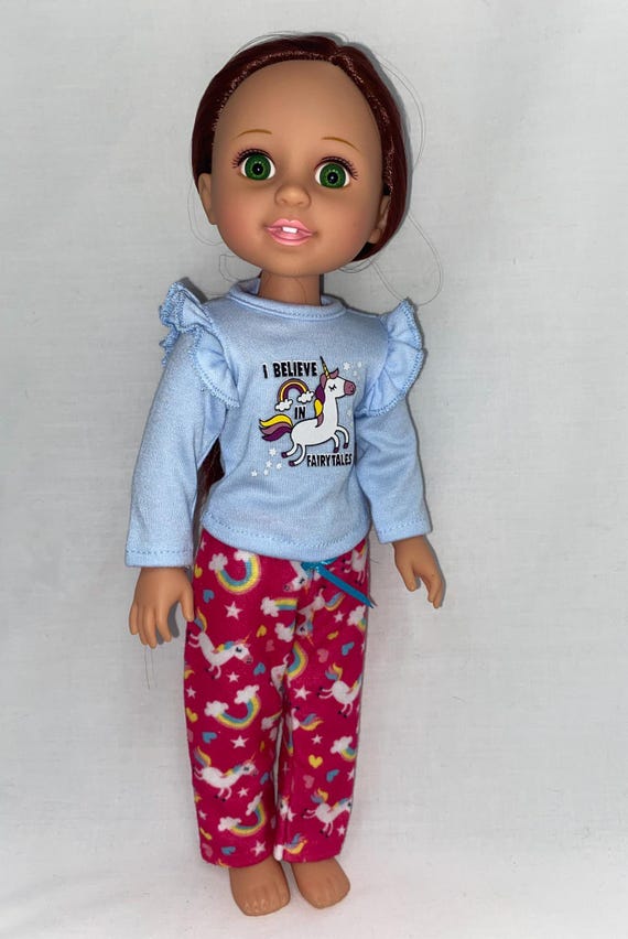 14.5"  Fairytales Unicorn Top and Rainbow Print Pants Pajama Set Set | 14.5" Doll Clothes | Fits 14.5 in Slim Body Dolls