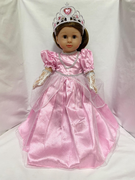 Pink Princess Dress with Tiara and Lace Gloves | Fits Most 18" Dolls | 18 Inch Doll Clothes