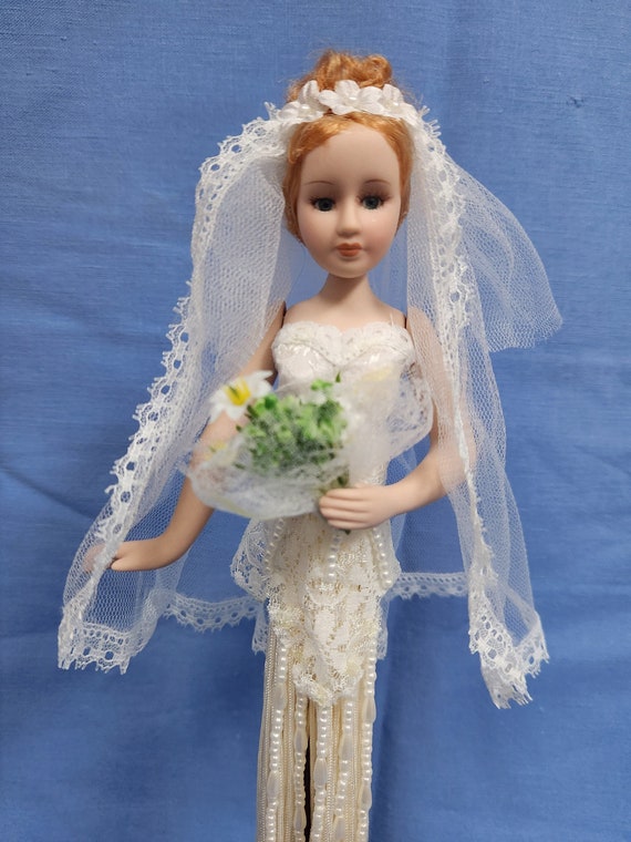 15" Porcelain Bride Doll with Tassel Skirt on Pedestal Stand - Choose from 2 Styles