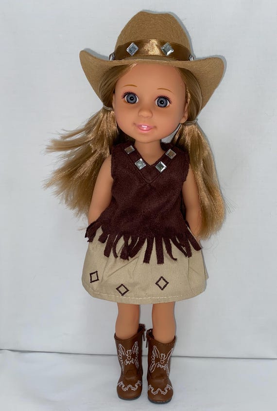 14.5 Brown Cowgirl Western Fringe Skirt Set with Hat | 14.5" Doll Clothes | Fits 14.5 in Slim Body Dolls