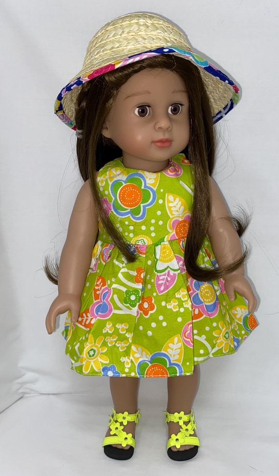 Lime Green Floral Sundress with Straw Hat and Sandals | Fits Most 18" Dolls | 18 Inch Doll Clothes