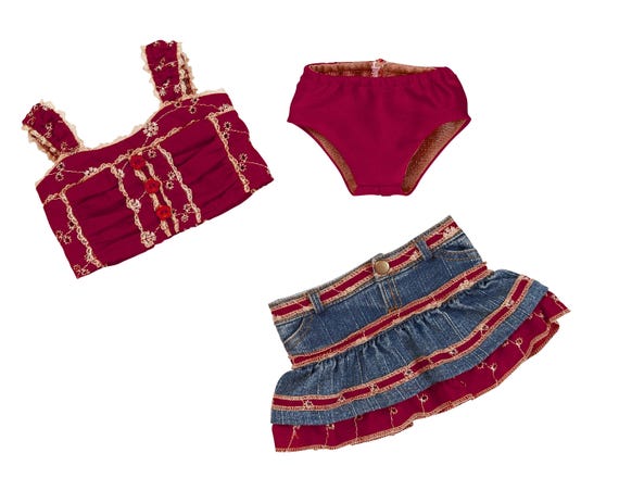 Burgundy Eyelet and Denim Skirt Set | Fits Most 18" Dolls | 18 Inch Doll Clothes