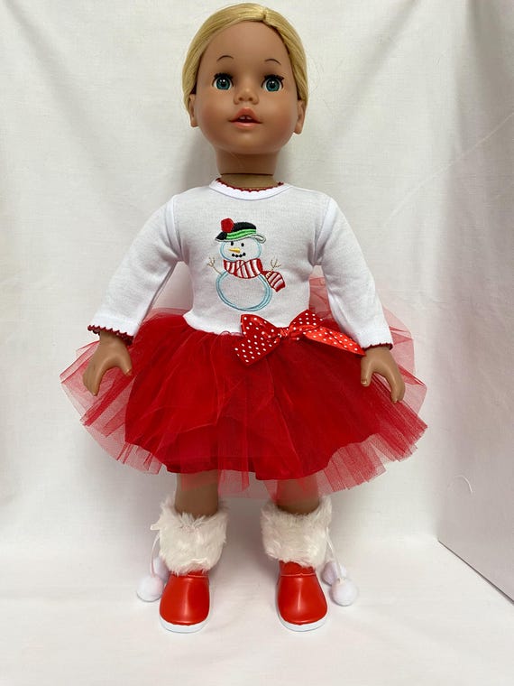 White Holiday Snowman Dress with Red Tulle Overlay | Fits Most 18" Dolls | 18 Inch Doll Clothes
