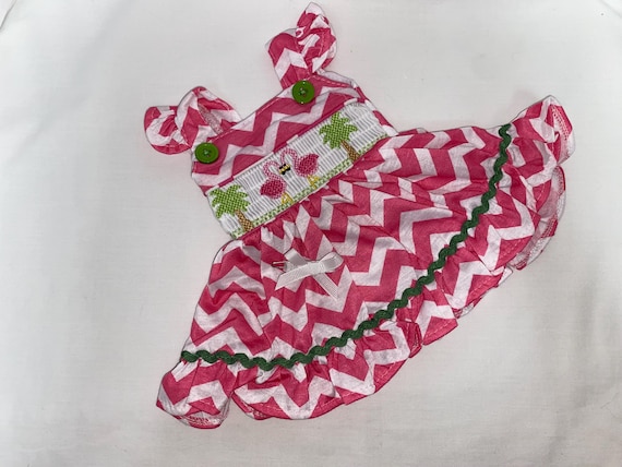 Pink and White Chevron Print Dress with Flamingo   | Fits Most 18" Dolls | 18 Inch Doll Clothes