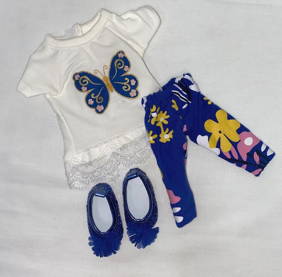 14.5" Blue and Gold Butterfly Pants Set with Sequin Flats | 14.5" Doll Clothes | Fits 14.5 in Slim Body Dolls