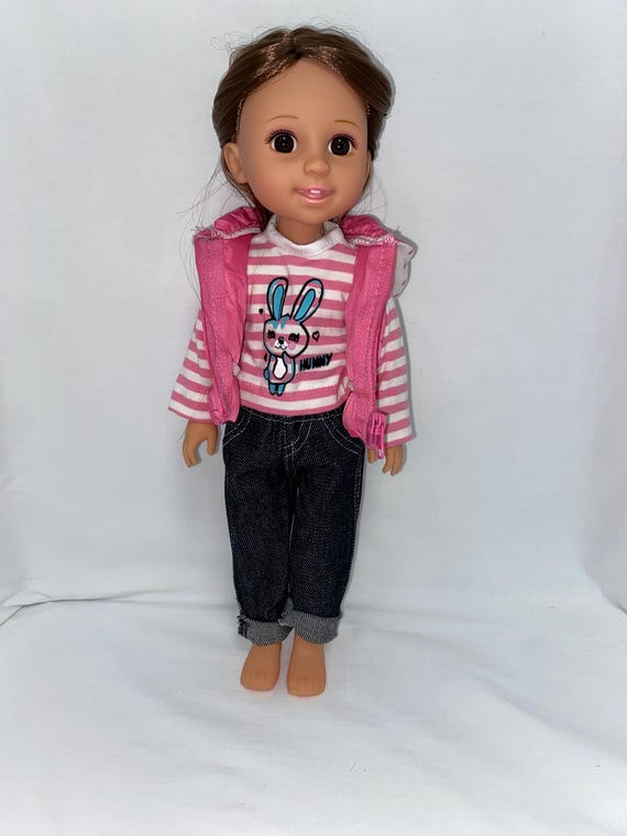 14.5" Pink Bunny Puffer Vest Set with Jeans | 14.5" Doll Clothes | Fits 14.5 in Slim Body Dolls