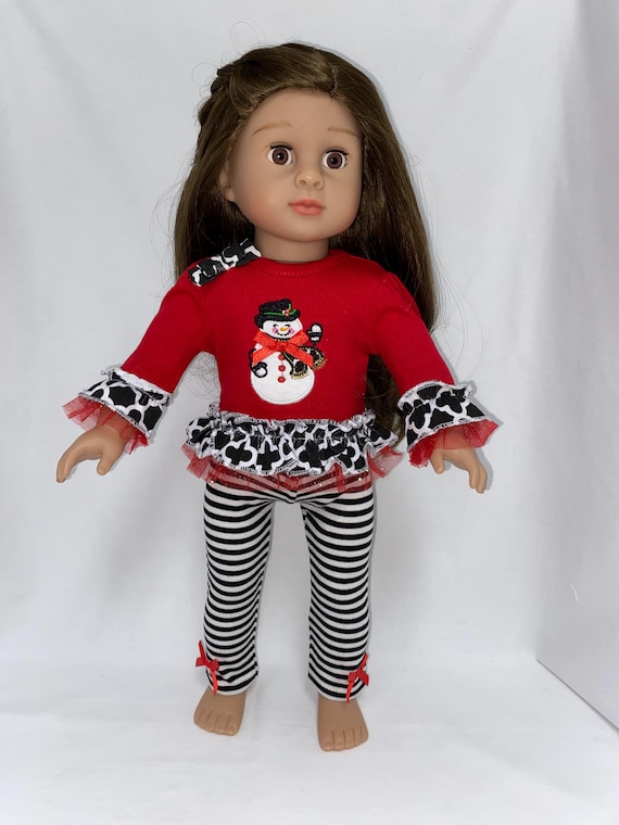 Red Holiday Snowman Top with Stripped Legging | Fits Most 18" Dolls | 18 Inch Doll Clothes