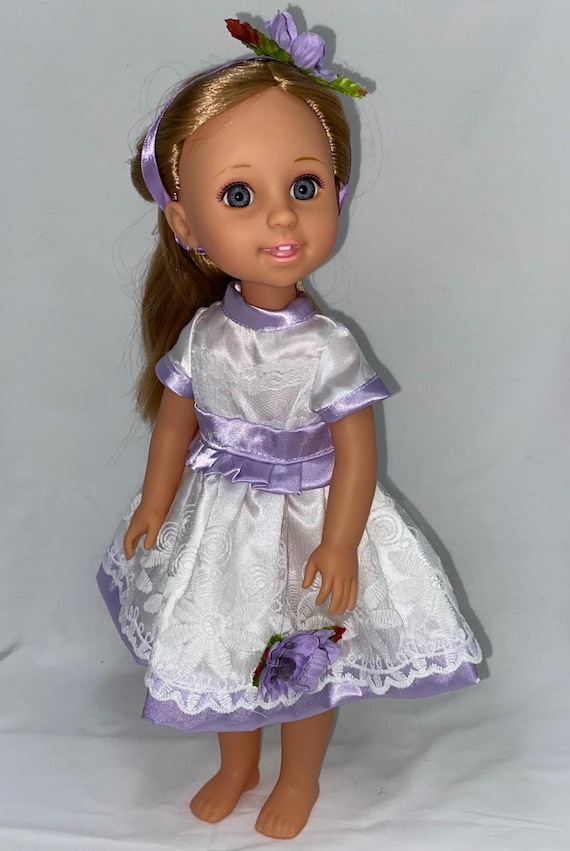 14.5" White and Purple Lace Dress with Headband | 14.5" Doll Clothes | Fits 14.5 in Slim Body Dolls