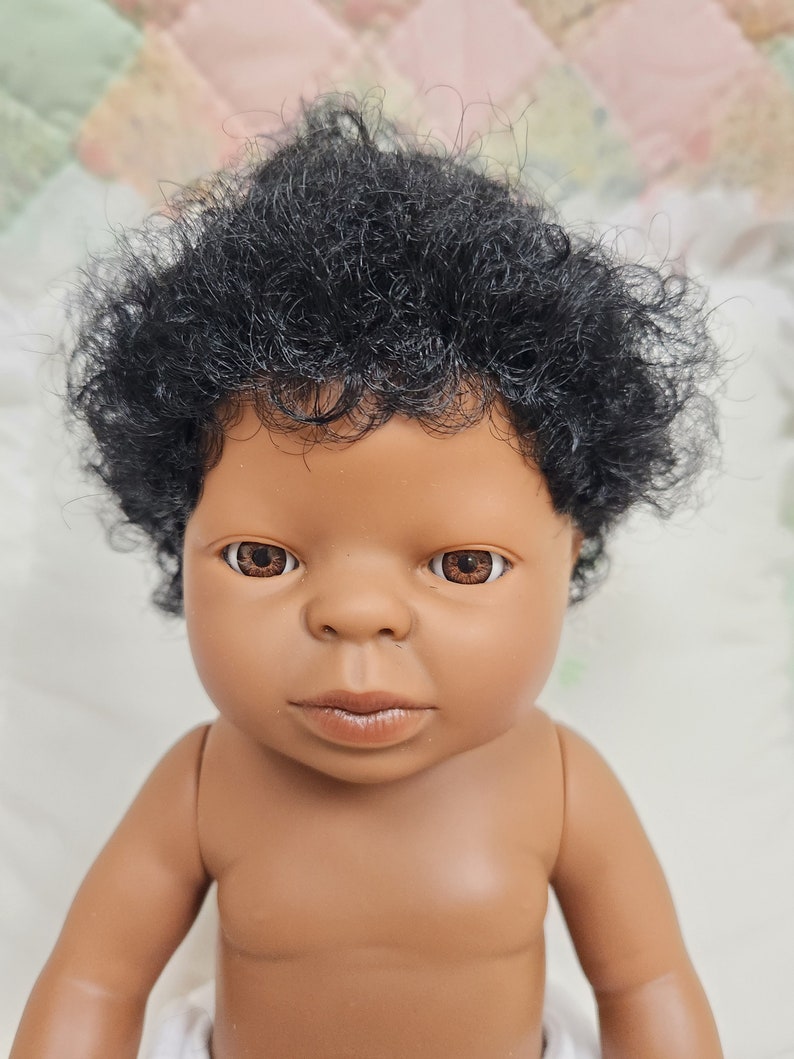 13.5 Tiny Baby Doll with Flannel Diaper Gender Neutral Doll White-Dark-Black-Asian Skin Tones Black - Boy Hair