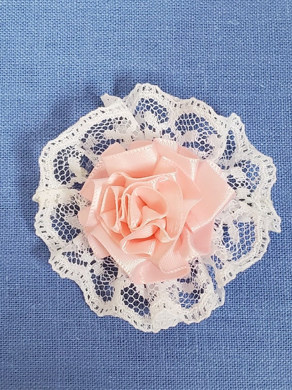 2-1/2 inch Lace Rosette with Satin Rose Embellishment for DIY Sewing and Craft Projects | Choose 6 pcs. or 12 pcs.