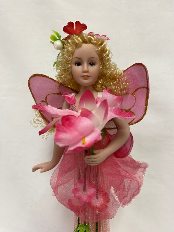 15" Porcelain Fairy Doll with Tassel Skirt on Pedestal Stand - Choose from 3 Colors
