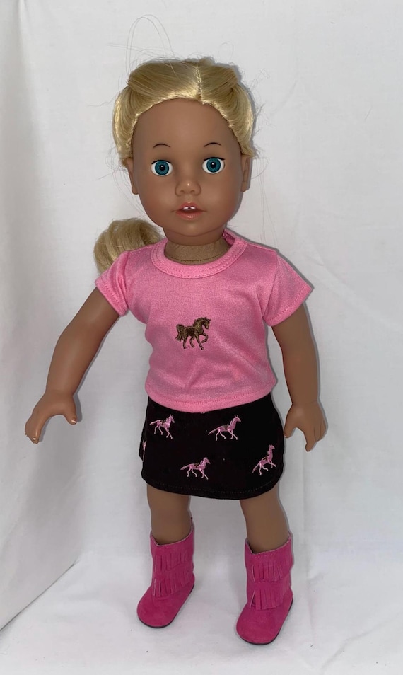 Brown and Pink Embroidered Horse Skirt Set | Fits Most 18" Dolls | 18 Inch Doll Clothes