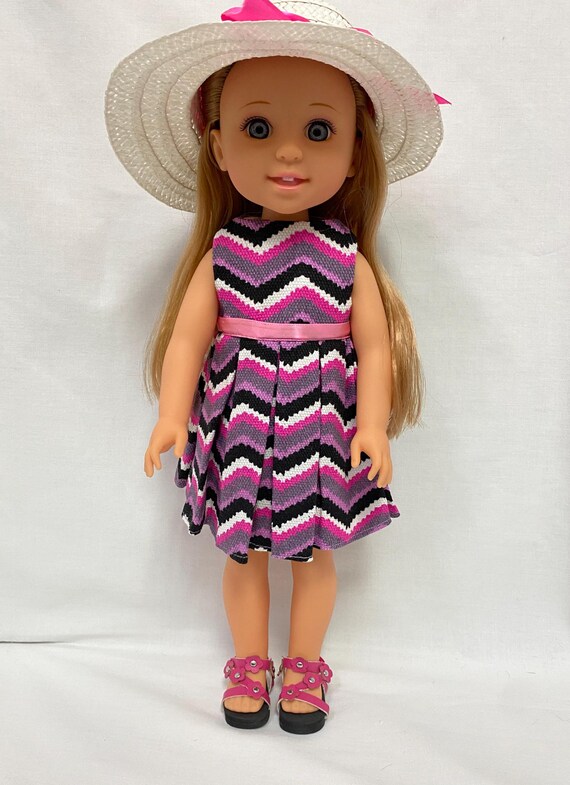 14.5" Pink and Purple Chevron Print Sun Dress with Straw Hat | 14.5" Doll Clothes | Fits 14.5 in Slim Body Dolls