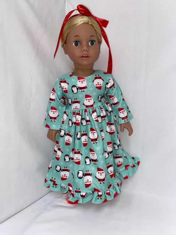 Santa and Penguin Nightgown with Hair Ribbon | Fits Most 18" Dolls | 18 Inch Doll Clothes