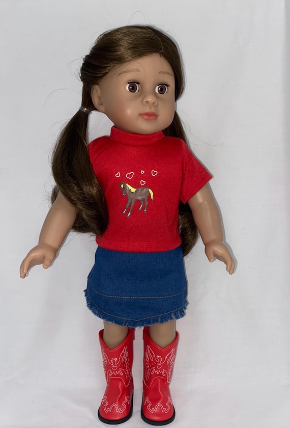 Red Horse Top with Denim Skirt and Boots | Fits Most 18" Dolls | 18 Inch Doll Clothes