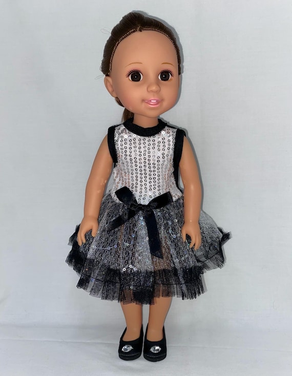 14.5" Black and Silver Sequin Dress with Black Satin Flats | 14.5" Doll Clothes | Fits 14.5 in Slim Body Dolls