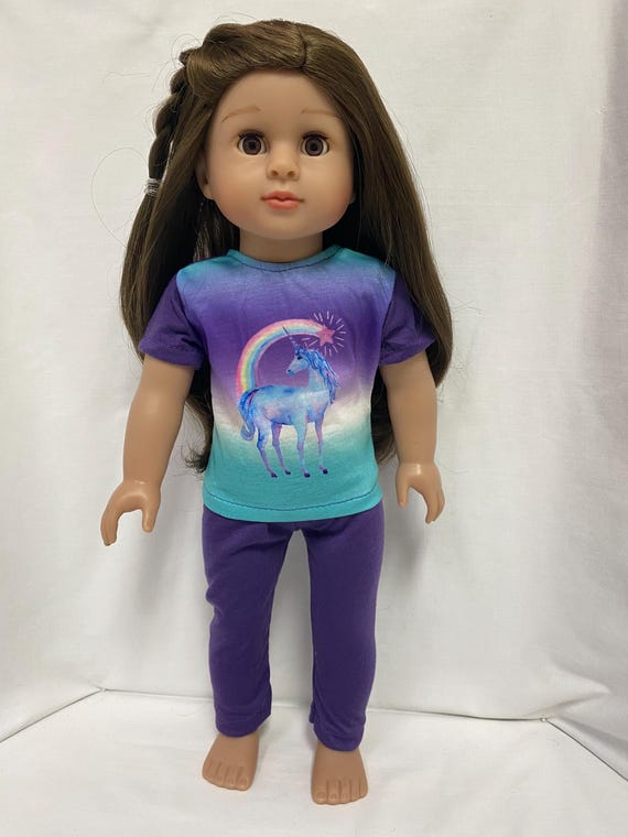 Unicorn and Rainbow Pajama Top with Purple Pants | Fits Most 18" Girl Dolls | 18 Inch Doll Clothes