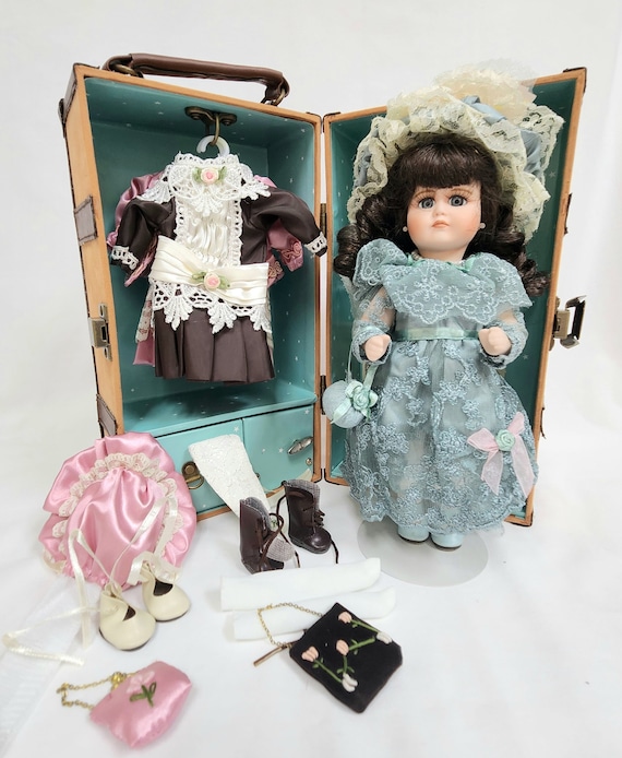 Vintage 8.5" Porcelain Victorian Style Doll with 2 Extra Outfits and Damaged Trunk w/Music Box (PLEASE READ DESCRIPTION)