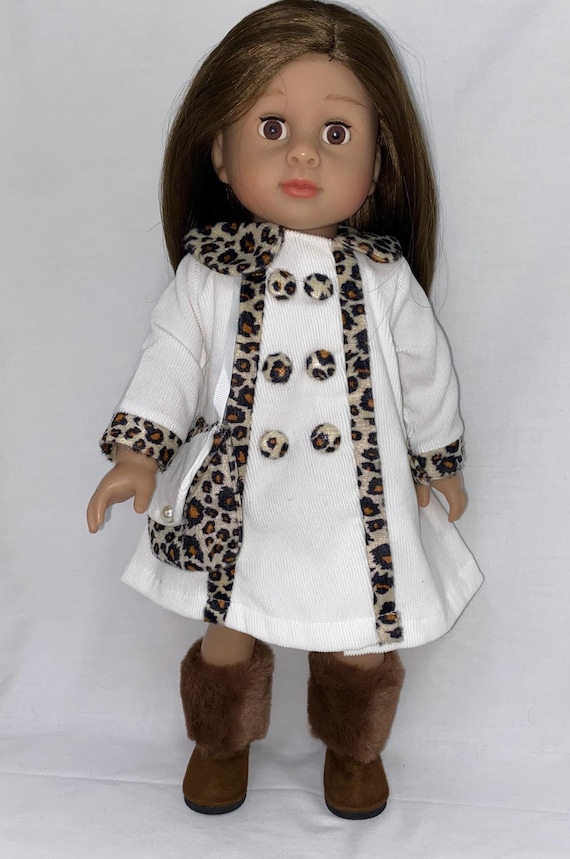 White Coat with Leopard Trim and Boots | Fits Most 18" Girl Dolls | 18 Inch Doll Clothes