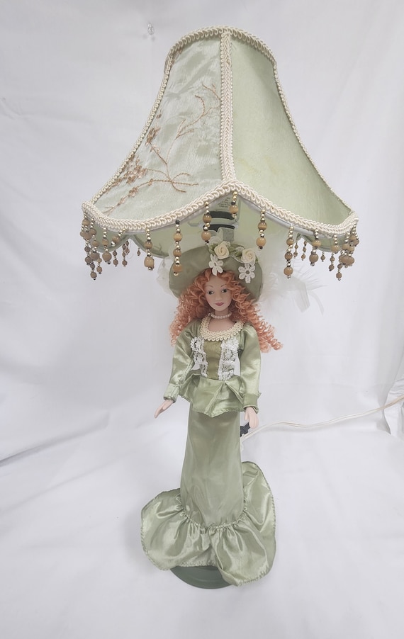 Parlor Lamp with Hand Beaded Shade and Porcelain Doll