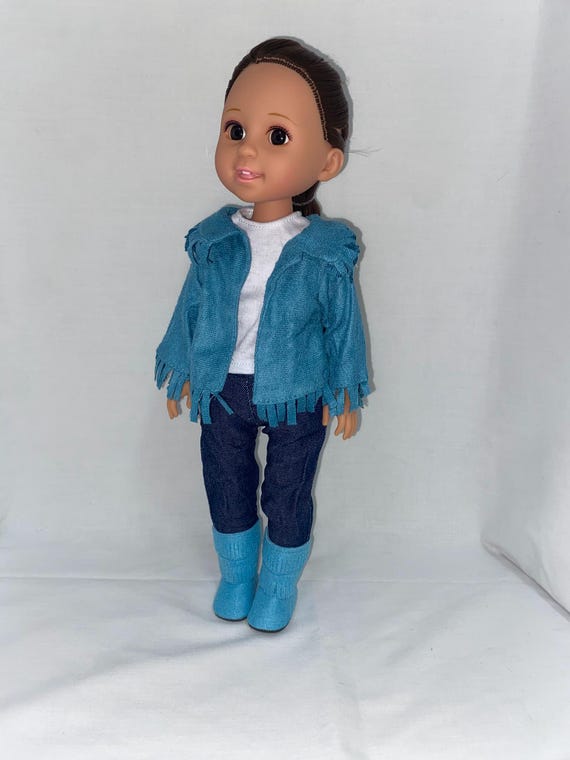 14.5 Aqua Blue Fringe Western Set with Boots | 14.5" Doll Clothes | Fits 14.5 in Slim Body Dolls