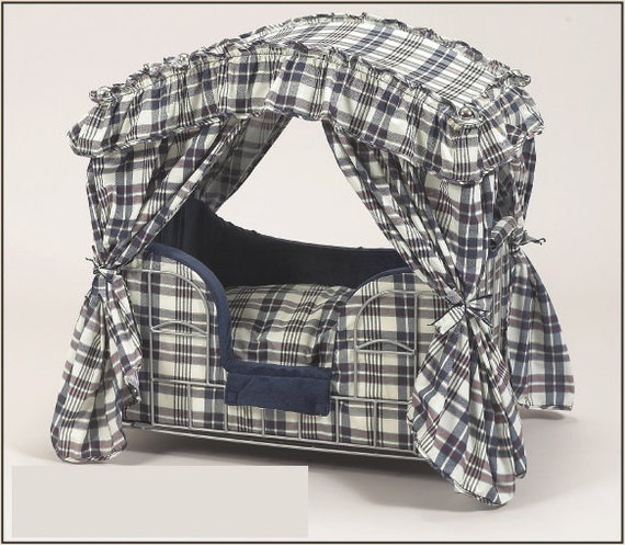 Lazy Paws Designer Canopy Pet Bed - Navy Plaid w/Silver Frame