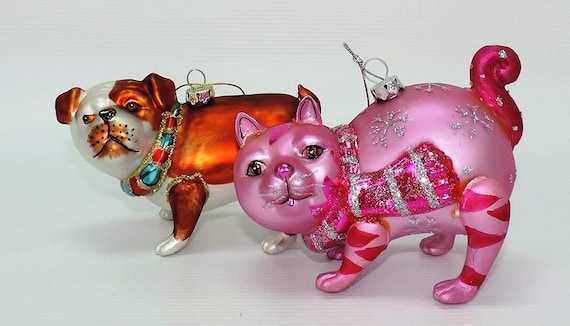 Glass Sitting Dog & Cat Ornaments - 2 pc. Assorted Set