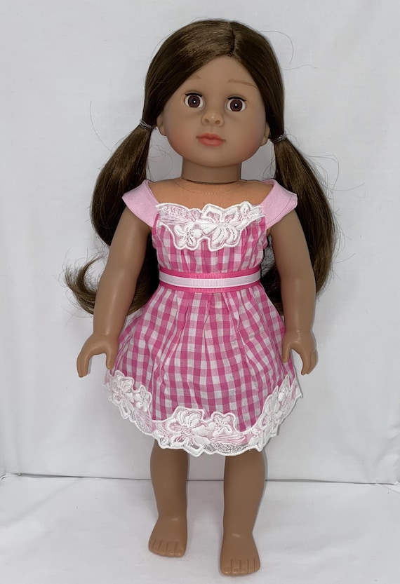 Pink and White Gingham Dress with Lace Trim   | Fits Most 18" Dolls | 18 Inch Doll Clothes