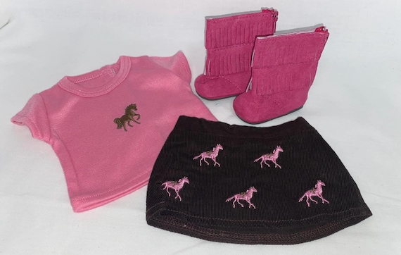 Brown and Pink Embroidered Horse Skirt Set | Fits Most 18" Dolls | 18 Inch Doll Clothes