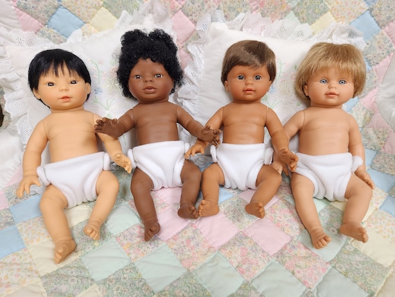 13.5" Tiny Baby Doll with Flannel Diaper | Gender Neutral Doll | White-Dark-Black-Asian Skin Tones