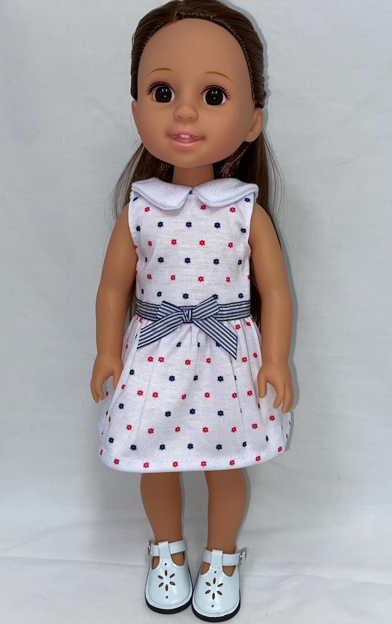 14.5" Red and Blue Floral Polka Dot Dress with Shoes | 14.5" Doll Clothes | Fits 14.5 in Slim Body Dolls