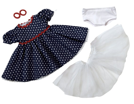 Navy Blue Polka Dot Dress and Hair Ties | Fits Most 15" Baby Dolls | 15 Inch Doll Clothes