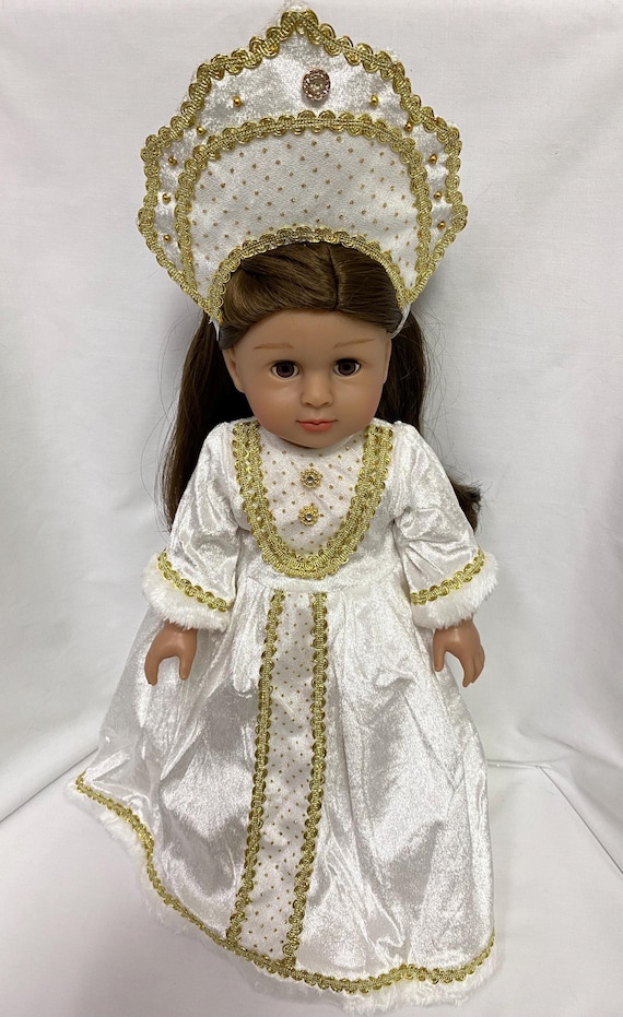 White Russian Gown with Headpiece | Fits Most 18" Dolls | 18 Inch Doll Clothes