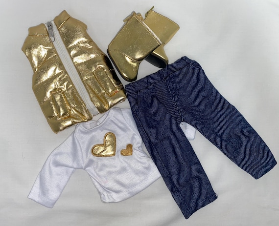 14.5" Gold Hearts Puffer Vest Outfit | 14.5" Doll Clothes | Fits 14.5 in Slim Body Dolls