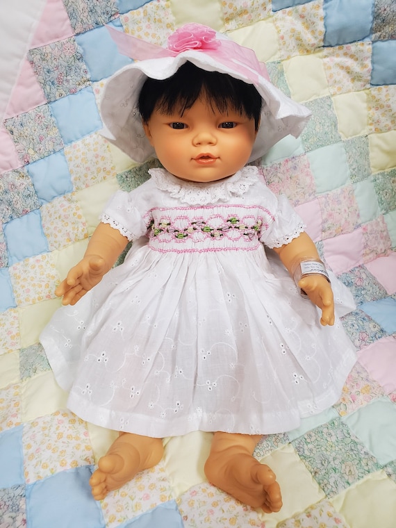 17" Preemie Anatomically Correct Asian Girl with Hair - White Eyelet Dress